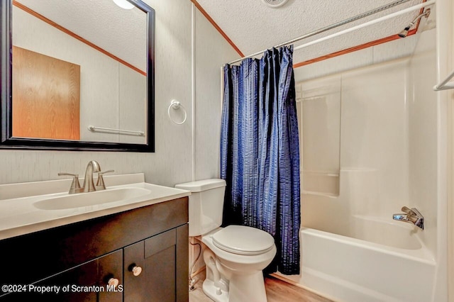 full bathroom with vanity, lofted ceiling, a textured ceiling, and shower / tub combo with curtain