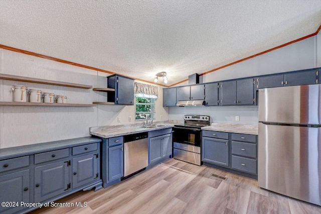 kitchen with lofted ceiling, sink, light wood-type flooring, a textured ceiling, and appliances with stainless steel finishes