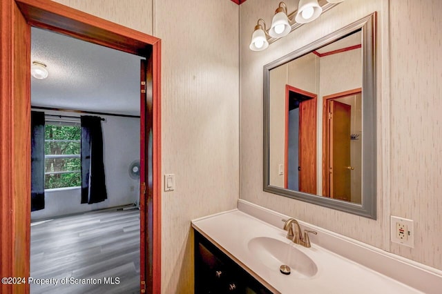 bathroom with vanity, wood-type flooring, and a textured ceiling