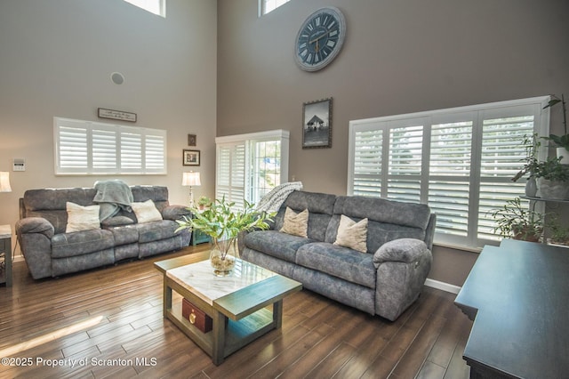 224 Shadow Wood Cir, Archbald, PA 18403 - living room featuring plenty of natural light, dark wood-type flooring, a high ceiling, and baseboards