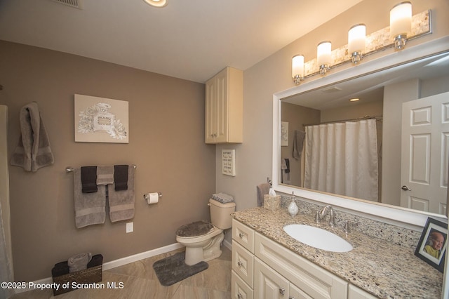 224 Shadow Wood Cir, Archbald, PA 18403 - bathroom featuring toilet, vanity, baseboards, and a shower with curtain