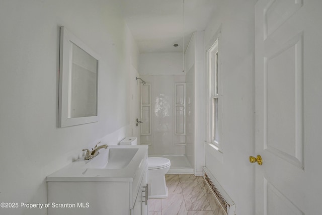 336 Grand Ave, Clarks Summit, PA 18411 - bathroom with a baseboard heating unit, vanity, a shower, and marble finish floors