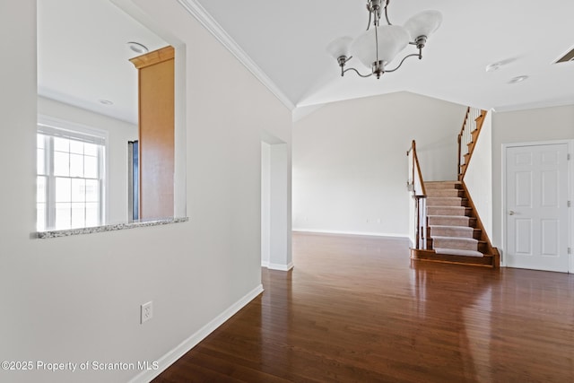 2103 Robinson Close, Moosic, PA 18507 - interior space with a chandelier, wood finished floors, stairway, and crown molding