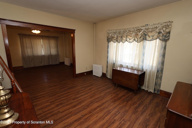 interior space with wood finished floors, radiator, radiator heating unit, and baseboards