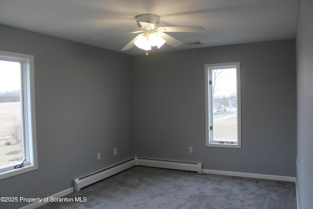 unfurnished room with visible vents, baseboards, baseboard heating, and carpet flooring