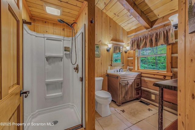 5 Capricorn Cir, Lake Ariel, PA 18436 - full bathroom with a wood ceiling with exposed beams, a stall shower, vanity, wood walls, and tile patterned flooring