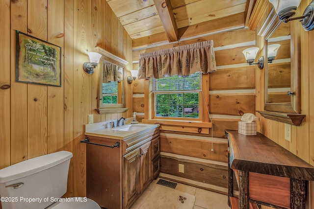 5 Capricorn Cir, Lake Ariel, PA 18436 - bathroom featuring wood walls, vanity, a wooden ceiling with exposed beams, and tile patterned flooring