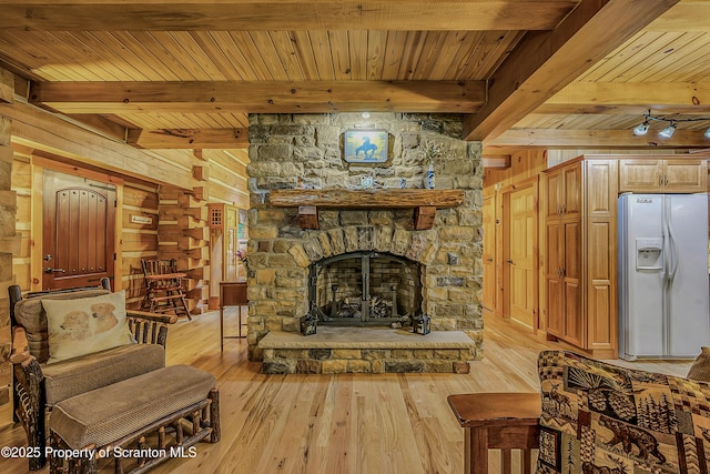 5 Capricorn Cir, Lake Ariel, PA 18436 - living area with wooden walls, a wood ceiling with exposed beams, light wood-style flooring, and a fireplace