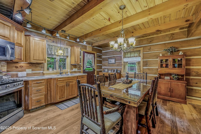 5 Capricorn Cir, Lake Ariel, PA 18436 - dining space featuring light wood-type flooring, healthy amount of natural light, a wood ceiling with exposed beams, a chandelier, and wooden walls