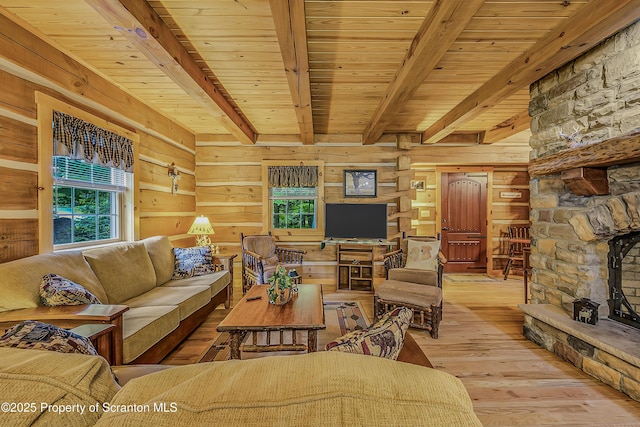 5 Capricorn Cir, Lake Ariel, PA 18436 - living area featuring plenty of natural light, hardwood / wood-style floors, a wood ceiling with exposed beams, and wooden walls