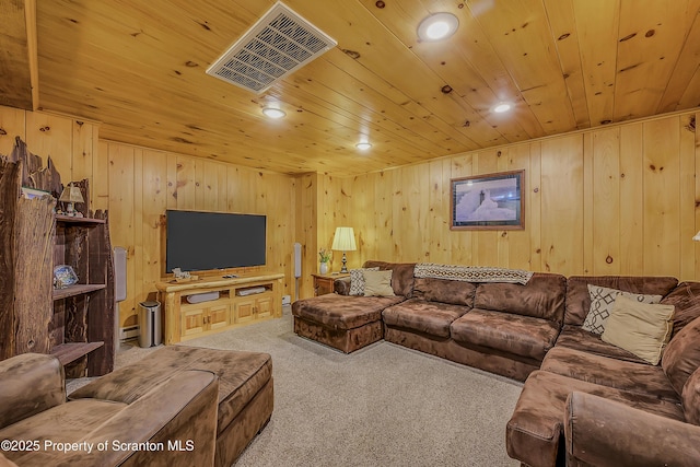 5 Capricorn Cir, Lake Ariel, PA 18436 - living room featuring carpet floors, wood ceiling, wooden walls, and recessed lighting