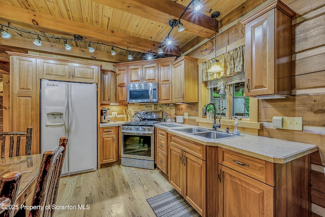 5 Capricorn Cir, Lake Ariel, PA 18436 - kitchen with a wooden ceiling with exposed beams, appliances with stainless steel finishes, light wood-type flooring, light countertops, and hanging light fixtures