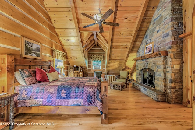 5 Capricorn Cir, Lake Ariel, PA 18436 - bedroom featuring wooden ceiling, wood finished floors, a fireplace, and vaulted ceiling