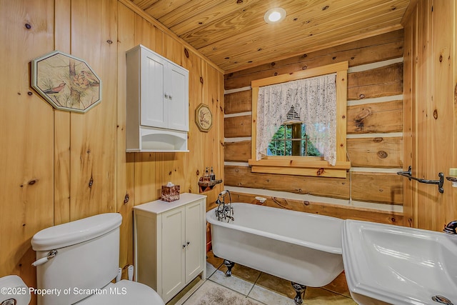 5 Capricorn Cir, Lake Ariel, PA 18436 - full bath featuring wooden ceiling, a freestanding bath, tile patterned floors, and wood walls