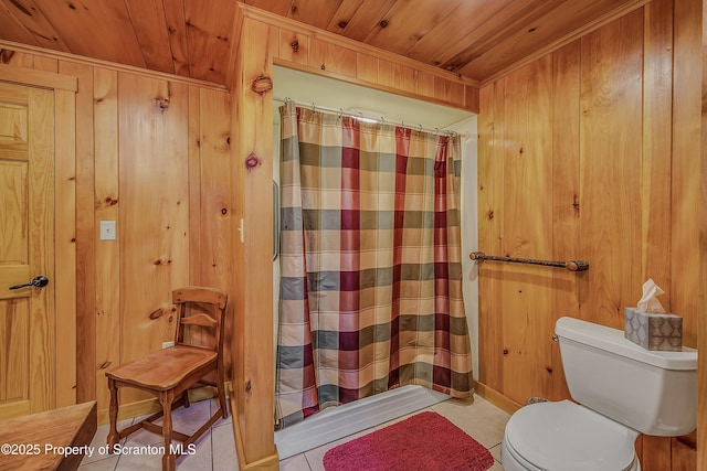 5 Capricorn Cir, Lake Ariel, PA 18436 - full bath with wooden ceiling, wooden walls, a shower with curtain, and tile patterned flooring