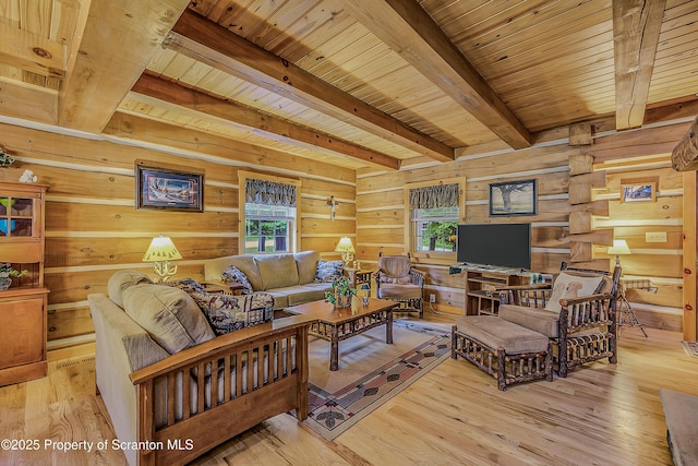 5 Capricorn Cir, Lake Ariel, PA 18436 - living area featuring a wooden ceiling with exposed beams, wooden walls, and hardwood / wood-style flooring