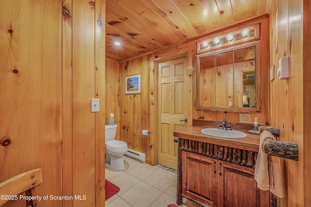 5 Capricorn Cir, Lake Ariel, PA 18436 - half bathroom with vanity, tile patterned flooring, wooden ceiling, wooden walls, and a baseboard heating unit