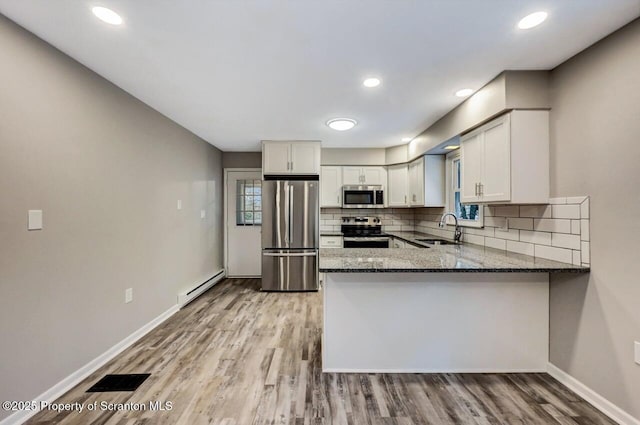 kitchen featuring backsplash, sink, white cabinetry, kitchen peninsula, and stainless steel appliances