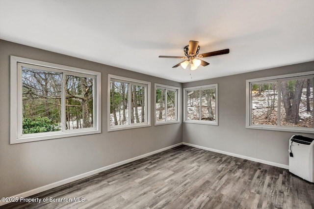 unfurnished room featuring ceiling fan, a healthy amount of sunlight, and wood-type flooring