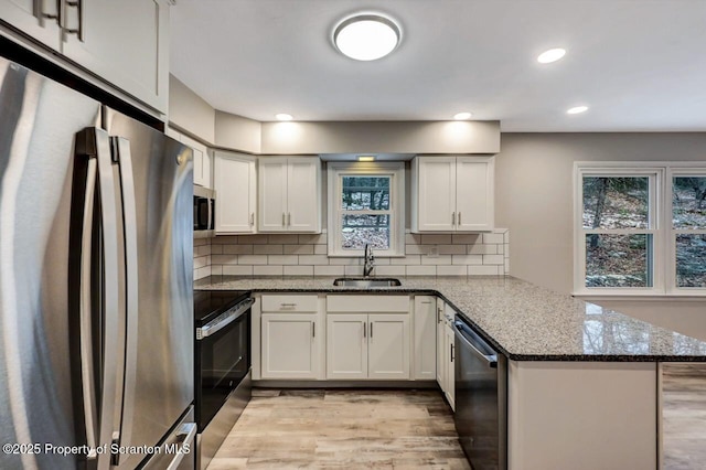 kitchen featuring kitchen peninsula, sink, white cabinets, and stainless steel appliances