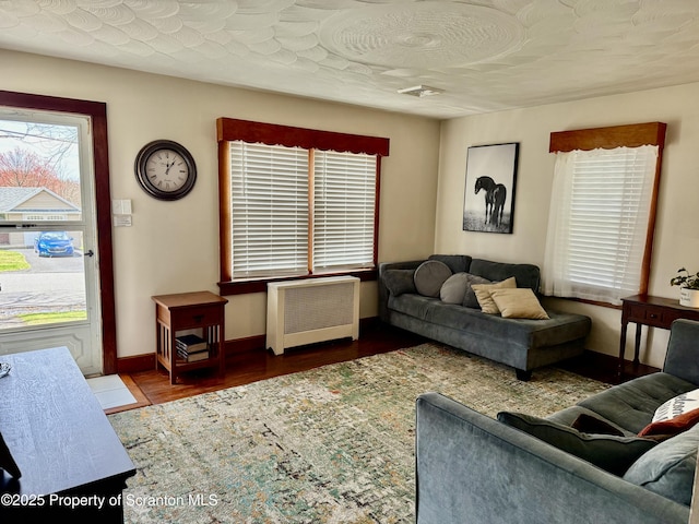 living room featuring radiator heating unit, baseboards, and wood finished floors