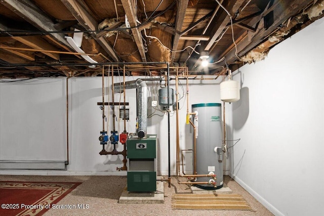 utility room featuring water heater and a heating unit