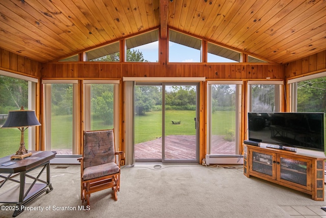 32 Christy Ln, Scott Twp, PA 18447 - living area featuring carpet floors, vaulted ceiling, plenty of natural light, a baseboard radiator, and wood ceiling