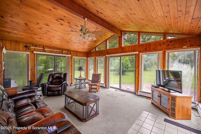 32 Christy Ln, Scott Twp, PA 18447 - living room with carpet flooring, a ceiling fan, wood ceiling, wood walls, and tile patterned floors