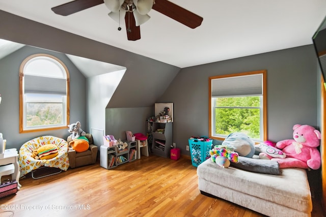 240 R Hirkey Rd, Meshoppen, PA 18630 - rec room featuring vaulted ceiling, wood finished floors, and a ceiling fan