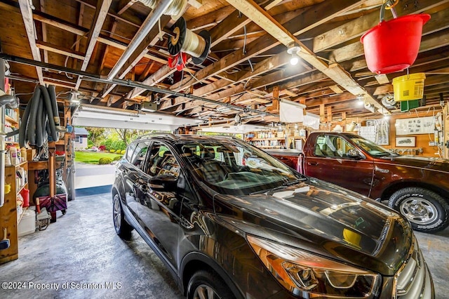 garage with a workshop area