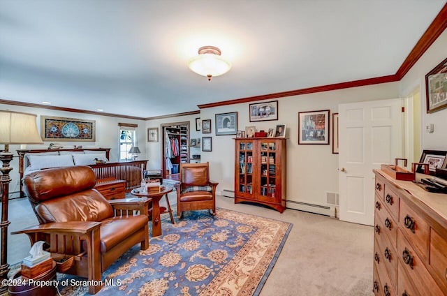 interior space with baseboard heating, light carpet, and ornamental molding