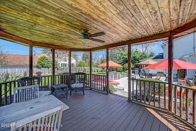 sunroom / solarium with plenty of natural light, ceiling fan, and wood ceiling