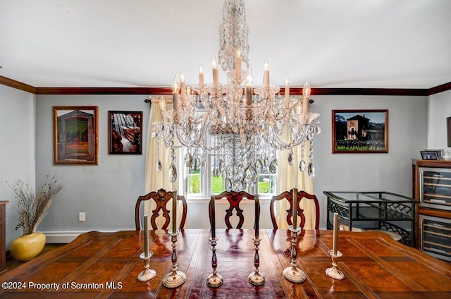 dining area with crown molding, a baseboard radiator, and an inviting chandelier