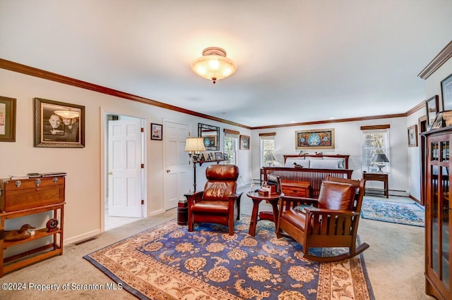 carpeted living room with a baseboard heating unit and ornamental molding