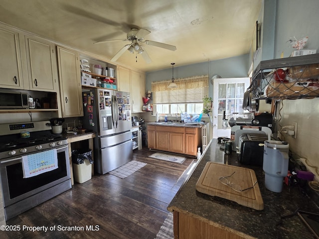 4 Little Ireland Rd, Starrucca, PA 18462 - kitchen featuring stainless steel appliances, dark wood-type flooring, ceiling fan, open shelves, and dark countertops
