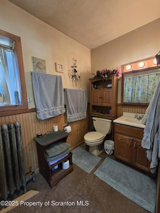 4 Little Ireland Rd, Starrucca, PA 18462 - bathroom featuring vanity, toilet, wood walls, and wainscoting