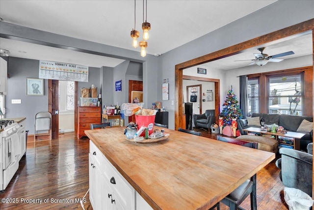 kitchen featuring dark wood-type flooring, decorative light fixtures, plenty of natural light, and white cabinets