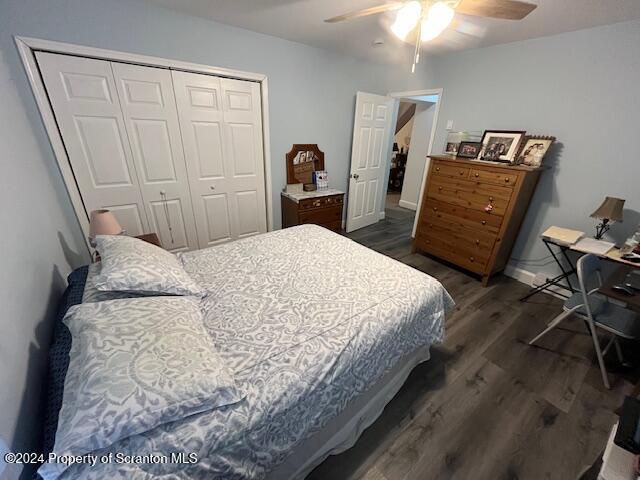 bedroom featuring ceiling fan, a closet, and dark hardwood / wood-style floors