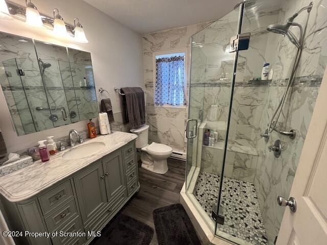 bathroom featuring vanity, wood-type flooring, a shower with shower door, and toilet