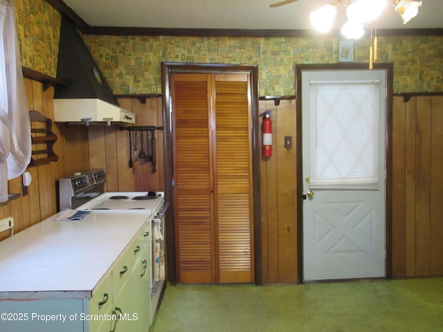 kitchen with extractor fan, crown molding, white electric stove, and light colored carpet