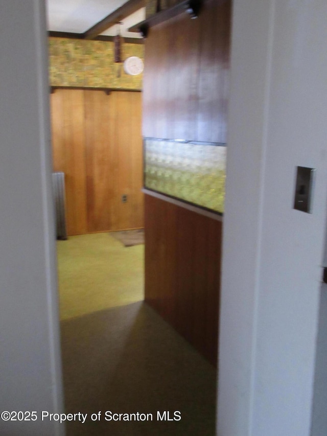 hallway featuring wood walls