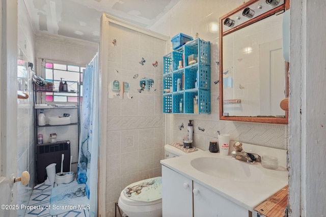 215 St Fr Cabrini Ave Unit Fr, Cabrini, Scranton, PA 18504 - bathroom with tile walls, vanity, radiator, and a shower with curtain