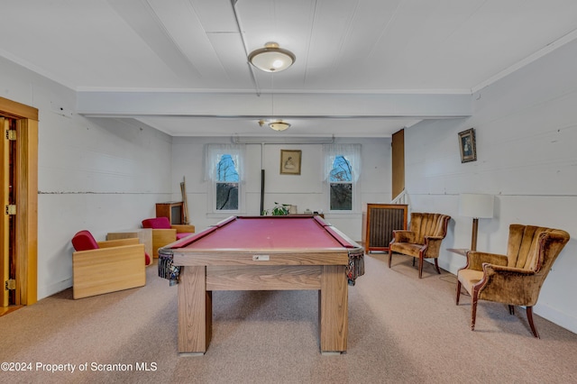 recreation room featuring light carpet and billiards