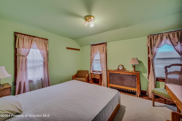 bedroom featuring carpet and lofted ceiling