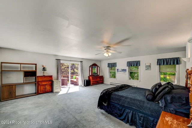 bedroom featuring carpet, access to outside, a baseboard radiator, and ceiling fan