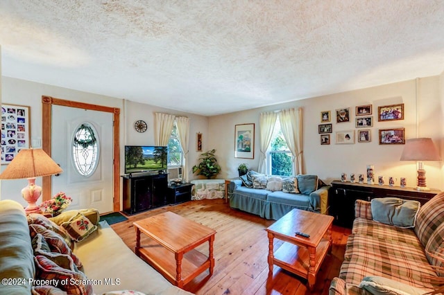 living room with wood-type flooring and a textured ceiling