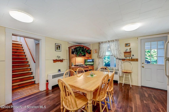 dining room with radiator heating unit and dark hardwood / wood-style floors