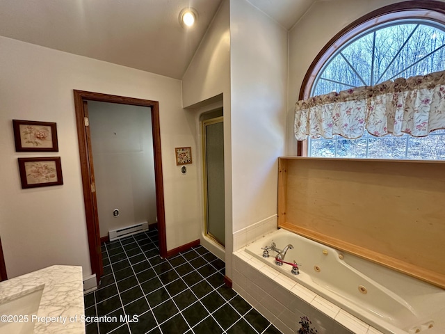 bathroom featuring baseboard heating, tile patterned floors, independent shower and bath, and vaulted ceiling