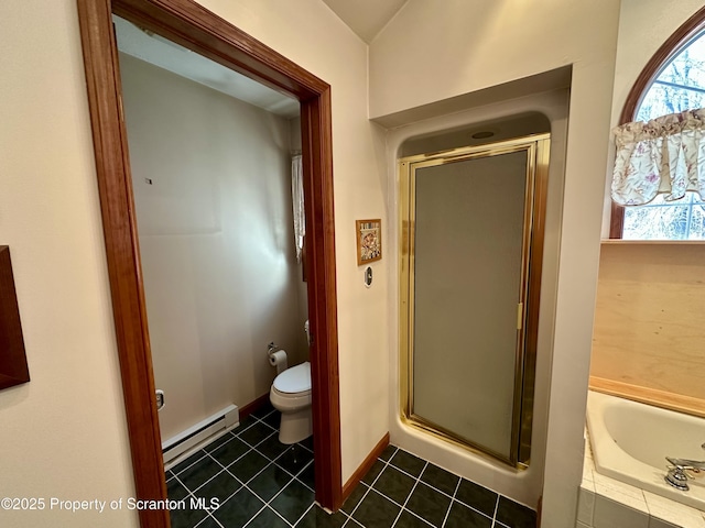 bathroom with separate shower and tub, a baseboard heating unit, tile patterned floors, and toilet