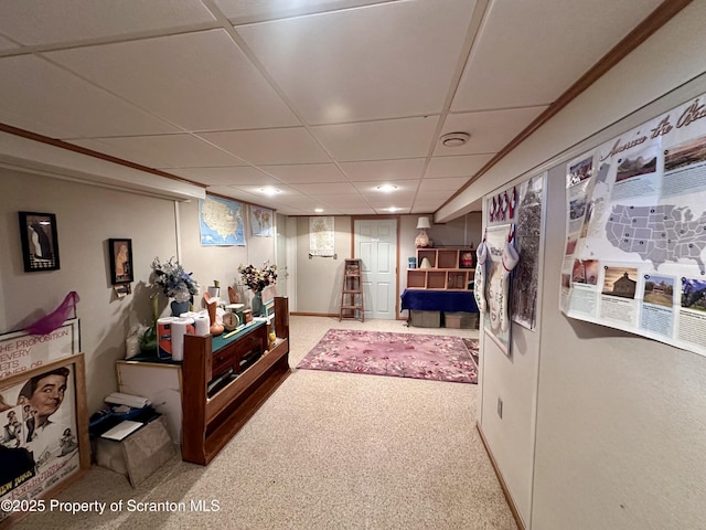 interior space featuring a paneled ceiling and carpet flooring